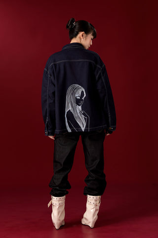Jack Russel X Junji Ito - Unisex Jackets - Meisterwerk JK-TOMIE Tomie Eternal Gaze French Terry Oversize Dark Blue Rinse Jacket