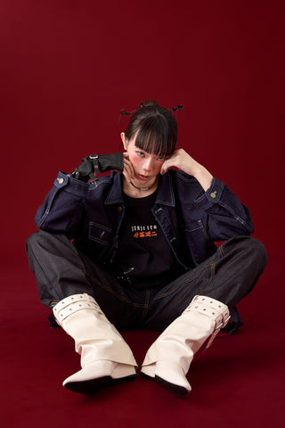Jack Russel X Junji Ito - Unisex Jackets - Meisterwerk JK-TOMIE Tomie Eternal Gaze French Terry Oversize Dark Blue Rinse Jacket