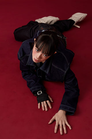Jack Russel X Junji Ito - Unisex Jackets - Meisterwerk JK-TOMIE Tomie Eternal Gaze French Terry Oversize Dark Blue Rinse Jacket
