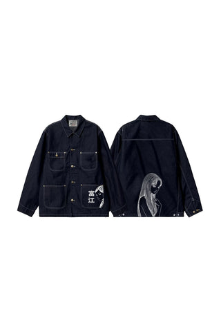 Jack Russel X Junji Ito - Unisex Jackets - Meisterwerk JK-TOMIE Tomie Eternal Gaze French Terry Oversize Dark Blue Rinse Jacket