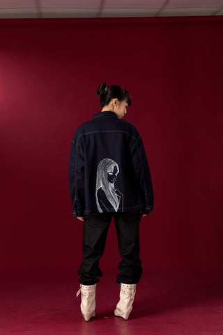 Jack Russel X Junji Ito - Unisex Jackets - Meisterwerk JK-TOMIE Tomie Eternal Gaze French Terry Oversize Dark Blue Rinse Jacket