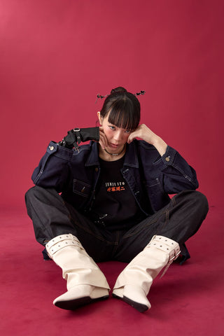 Jack Russel X Junji Ito - Unisex Jackets - Meisterwerk JK-TOMIE Tomie Eternal Gaze French Terry Oversize Dark Blue Rinse Jacket