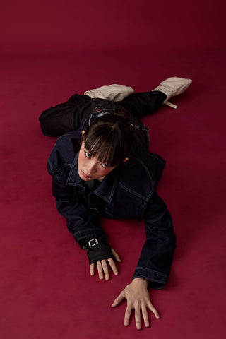 Jack Russel X Junji Ito - Unisex Jackets - Meisterwerk JK-TOMIE Tomie Eternal Gaze French Terry Oversize Dark Blue Rinse Jacket