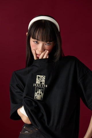 Jack Russel X Junji Ito - Unisex T-Shirts - Handwerk TJ-JUNJI1/BK Oversized Drop Shoulder Black