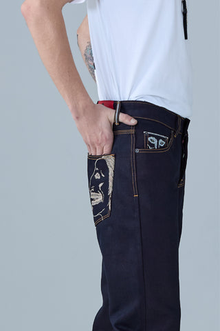 Jack Russel X Junji Ito - Men Jeans - Meisterwerk J-FUCHI Regular Classic Fit The Volcano Darkest Indigo Red Selvedge