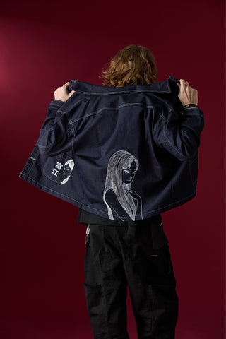 Jack Russel X Junji Ito - Unisex Jackets - Meisterwerk JK-TOMIE Tomie Eternal Gaze French Terry Oversize Dark Blue Rinse Jacket