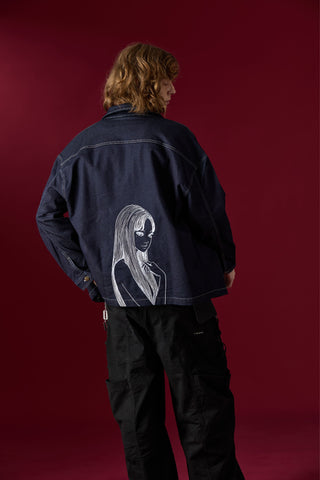 Jack Russel X Junji Ito - Unisex Jackets - Meisterwerk JK-TOMIE Tomie Eternal Gaze French Terry Oversize Dark Blue Rinse Jacket